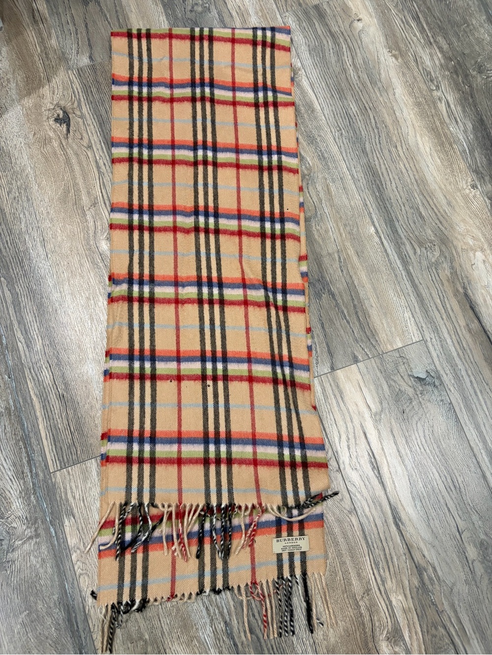 Burberry Beige Plaid Wool Scarf with Multicolor Stripes